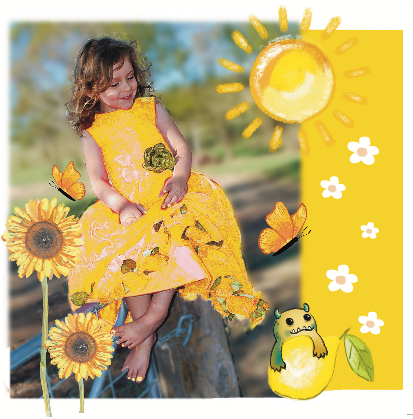 Child in a yellow dress with sunflower and butterfly designs, sitting outdoors.