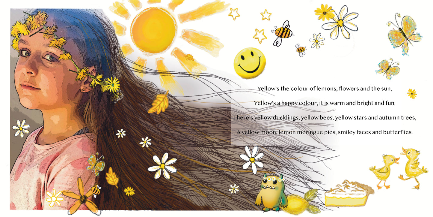 Illustration of a girl with yellow flowers in her hair surrounded by yellow elements like sun, flowers, and butterflies.
