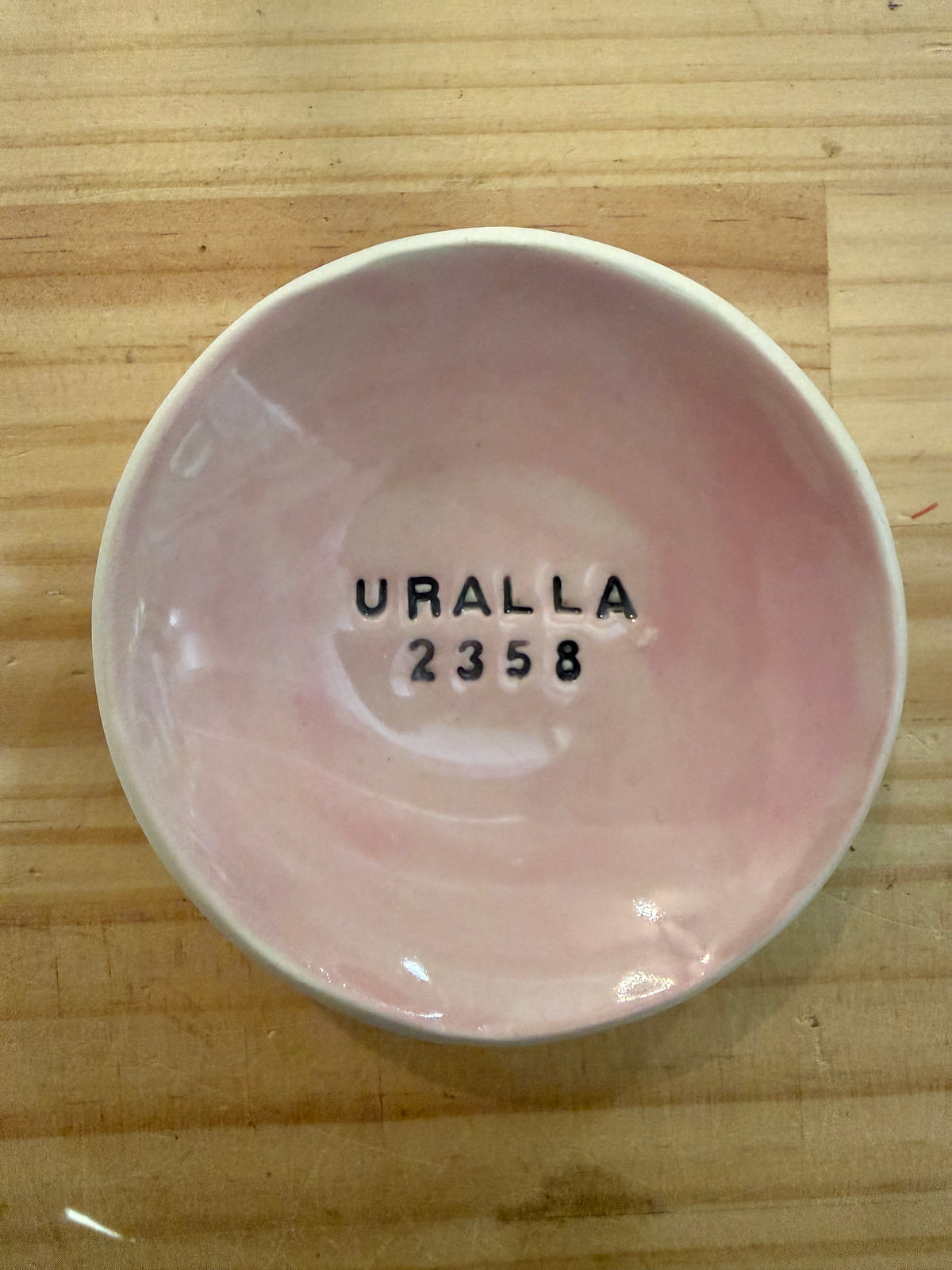 Late Night Pottery Round Trinket dish with Uralla + postcode
