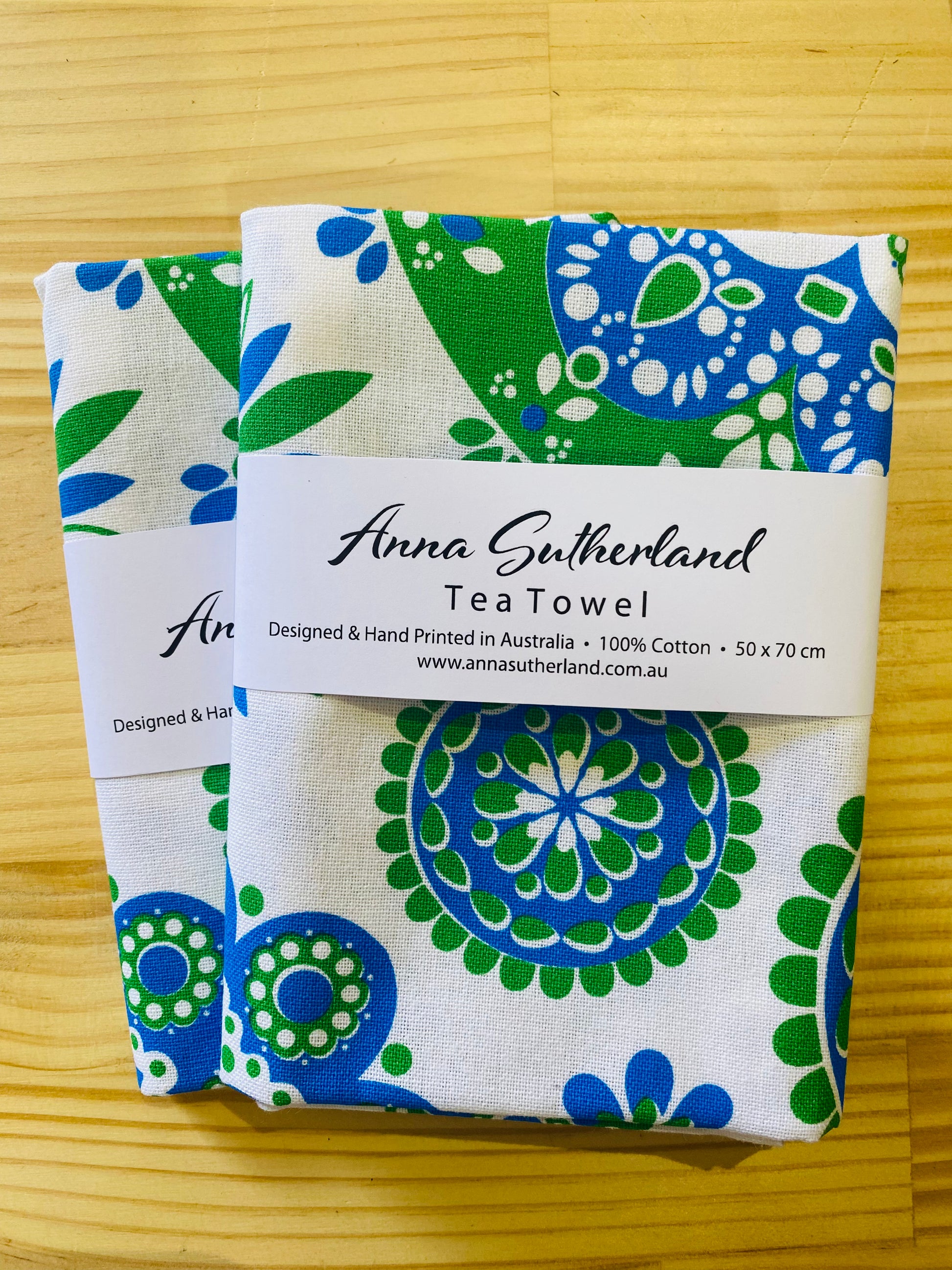 Blue Green Screen printed tea towel anna sutherland