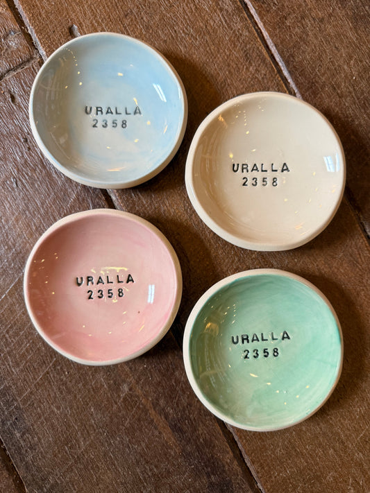 Late Night Pottery Round Trinket dish with Uralla + postcode
