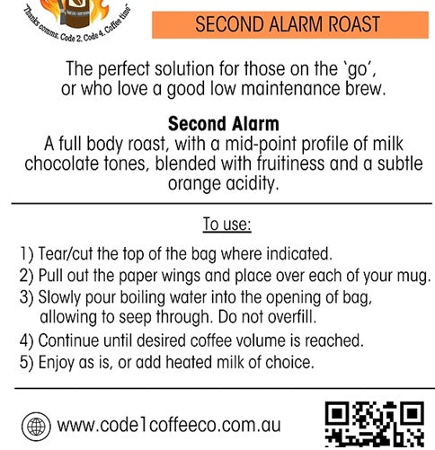Coffee packaging with branding and brewing instructions.