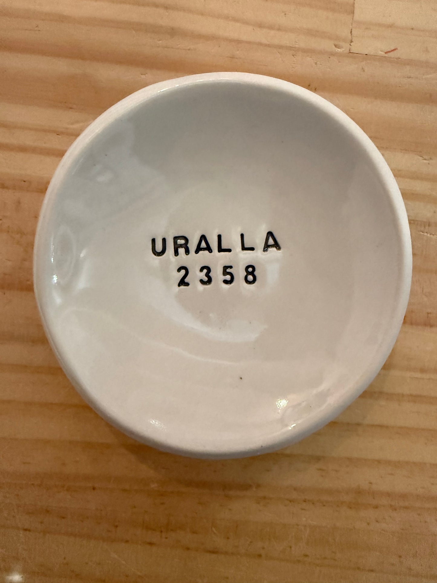 Late Night Pottery Round Trinket dish with Uralla + postcode