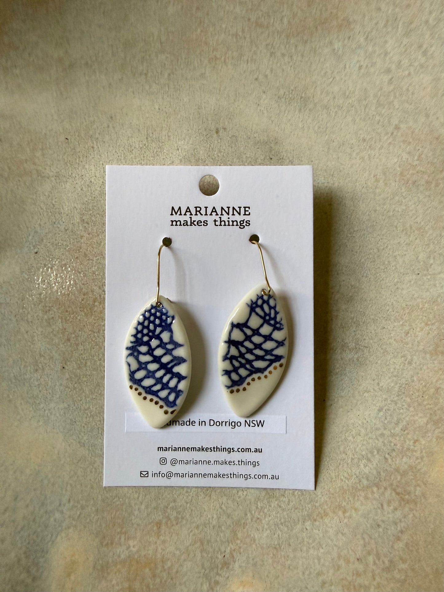 Ceramic Earrings with Blue and Gold by Marianne Makes Things