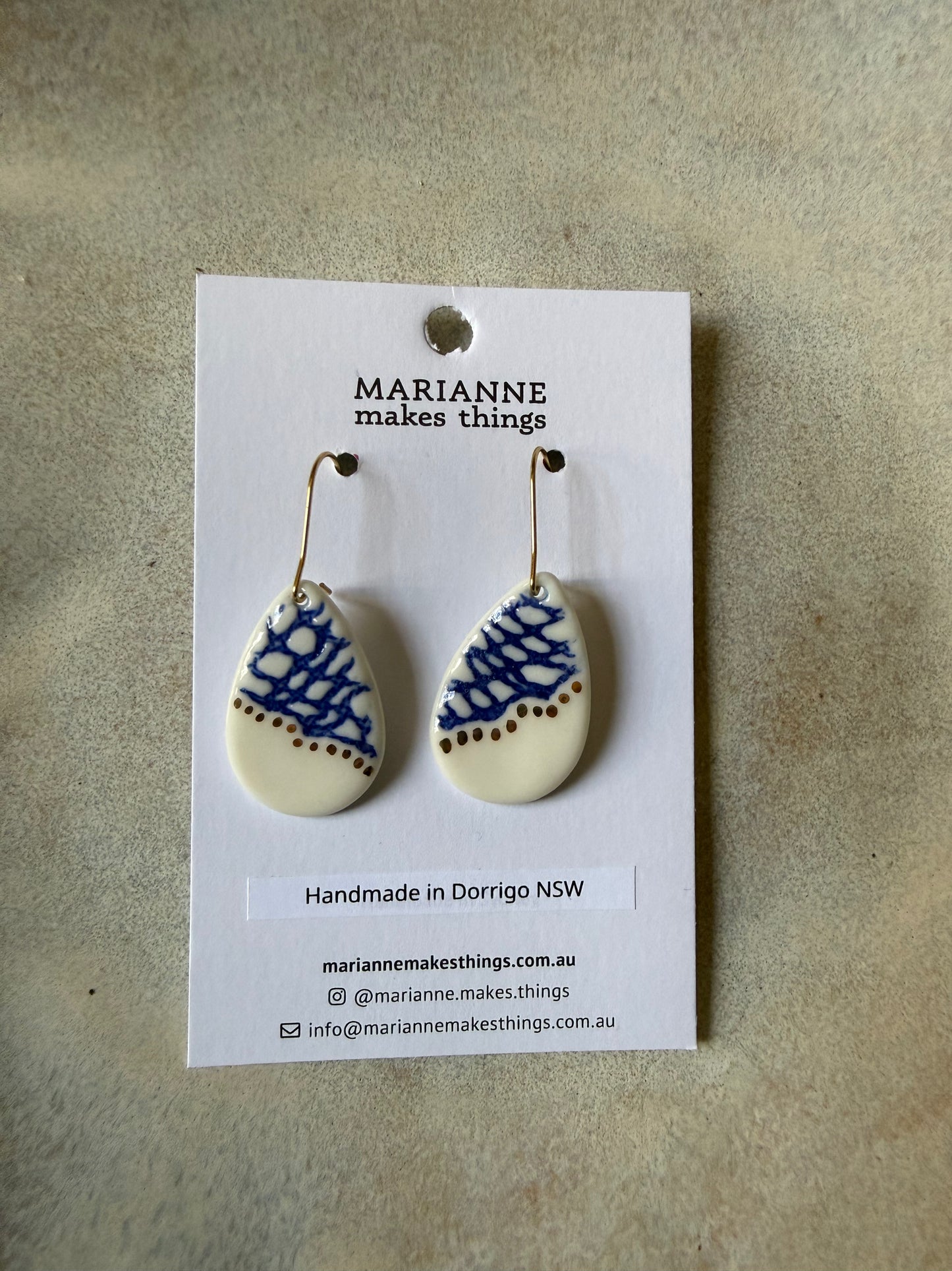 Ceramic Earrings with Blue and Gold by Marianne Makes Things