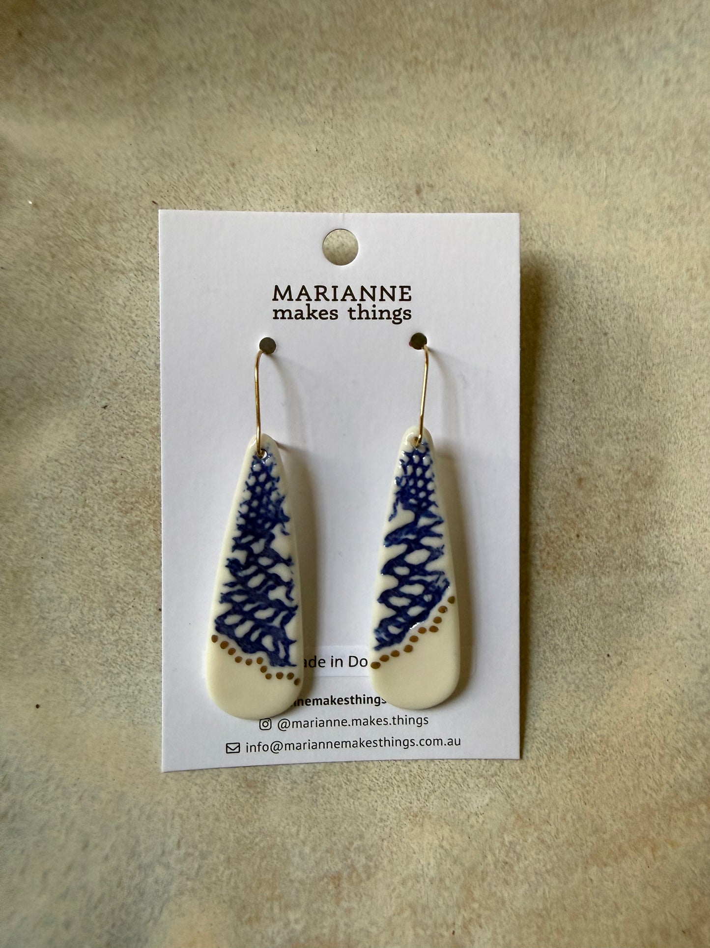 Ceramic Earrings with Blue and Gold by Marianne Makes Things