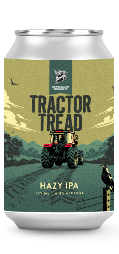 Can of Tractor Tread Hazy IPA with a tractor illustration on a green background