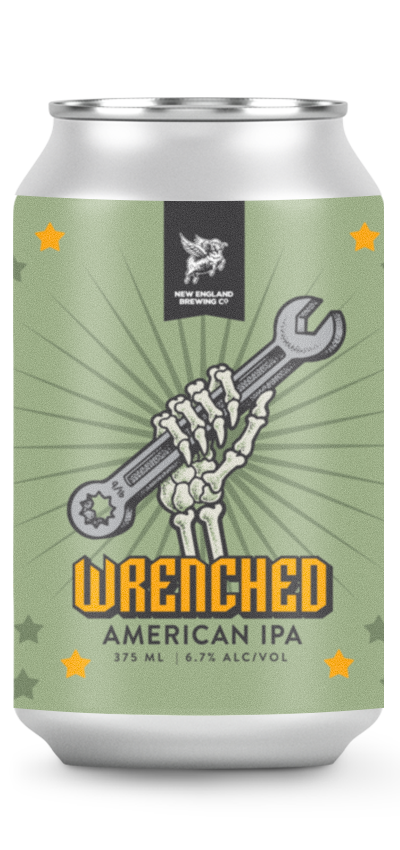 Can of Wrenched American IPA with skeleton holding a wrench illustration on a green background