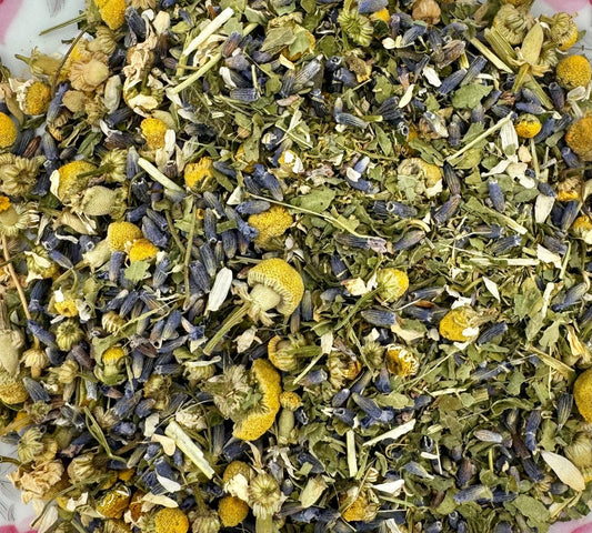 Assorted dried herbs and flowers on a pink background
