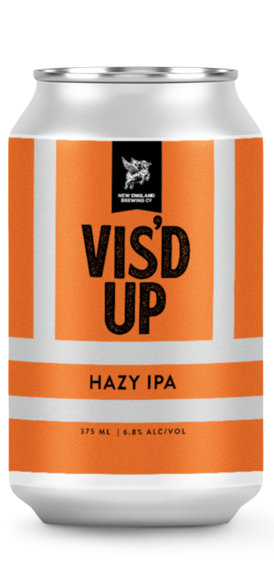 Can of Vis'd Up Hazy IPA with orange and white design on a white background